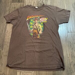 VTG Indiana Jones Movie Graphic T Shirt Men's Brown Size Large Adventure Film